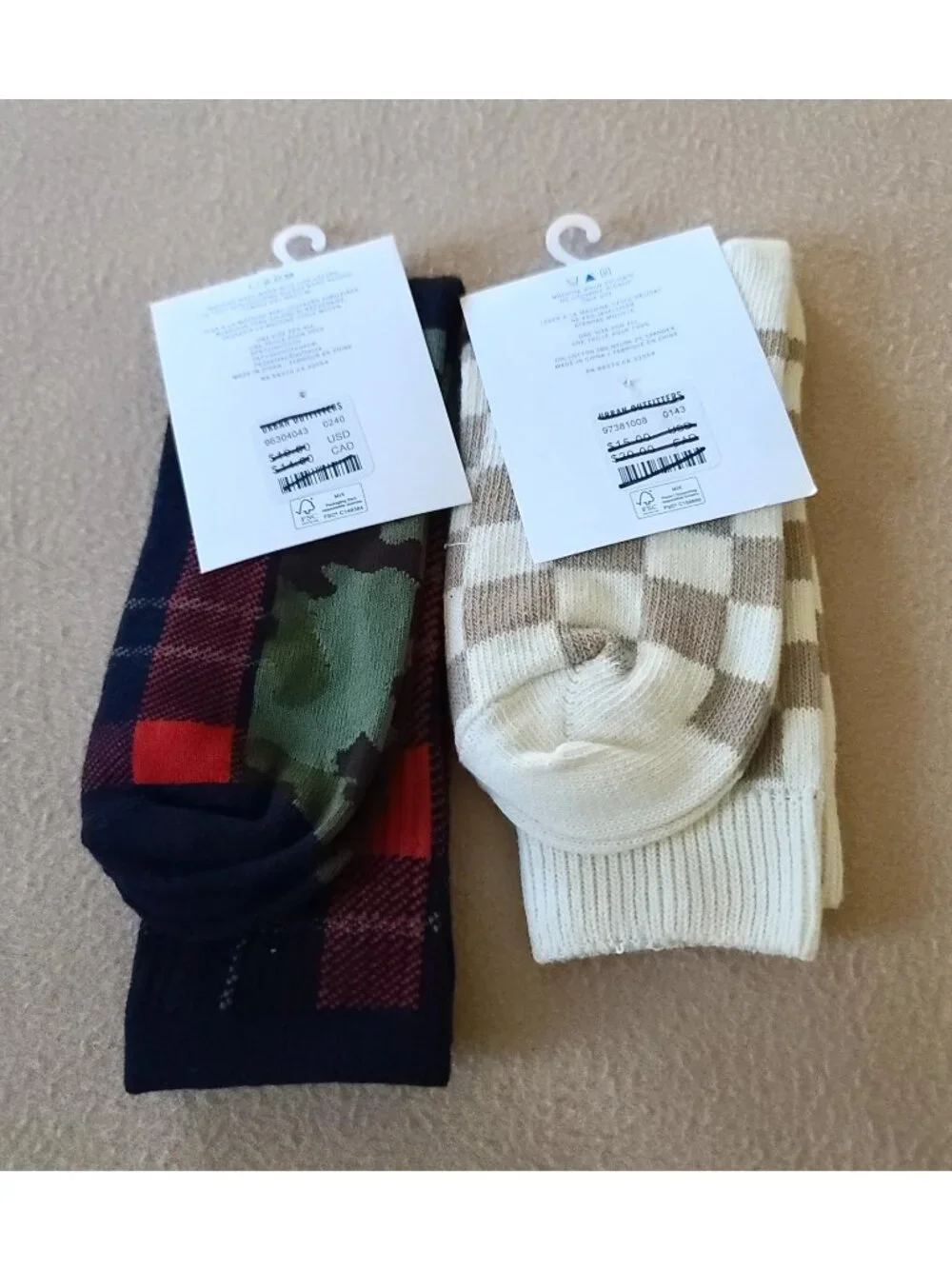 2 Pairs Urban Outfitters Crew Socks OS Unisex Checkerboard + Camo & Plaid NEW